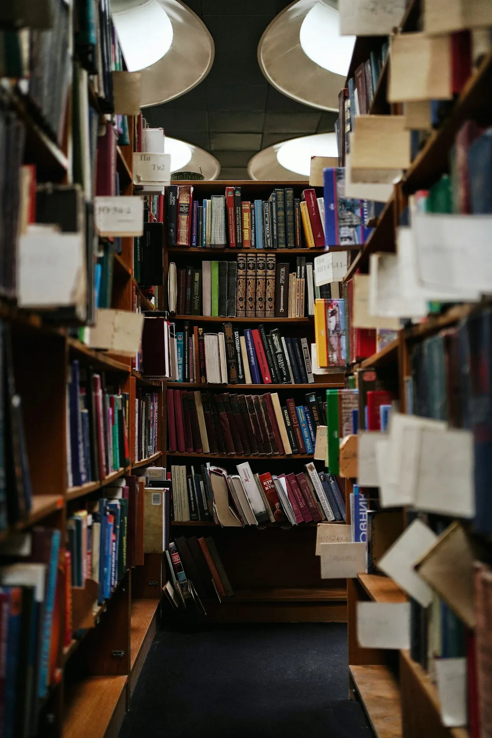 Books arranged on shelves in a library