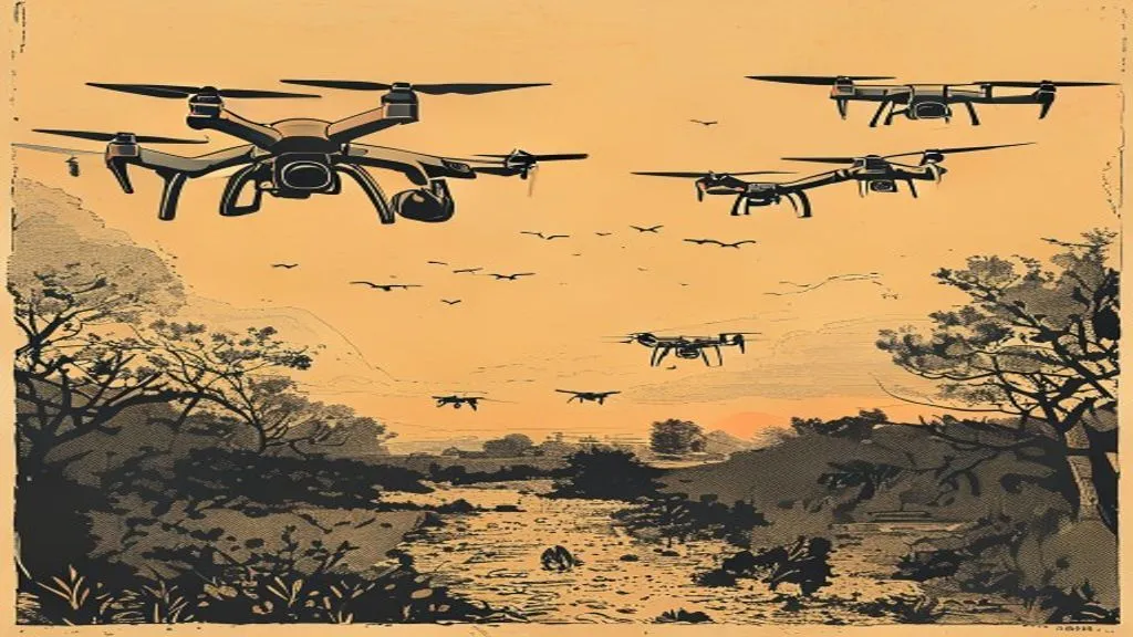 Military drone quadcopter hovering over obstacle course with wire and defensive barriers in background