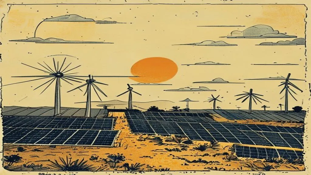Solar panel array in a desert landscape with transmission towers in the background