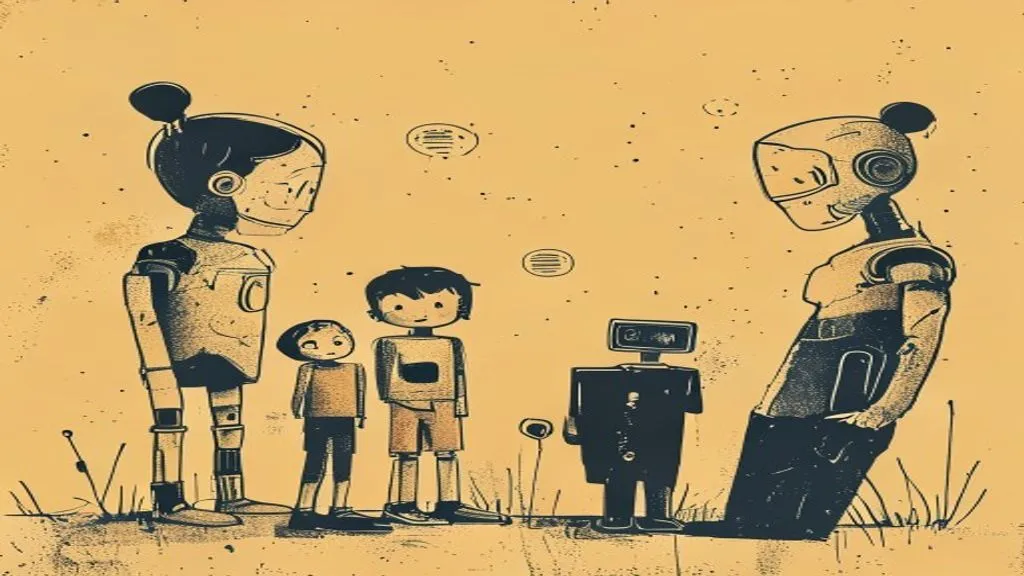 A young child looking at a computer screen showing a chatbot interface, with bright colours and a curious expression.