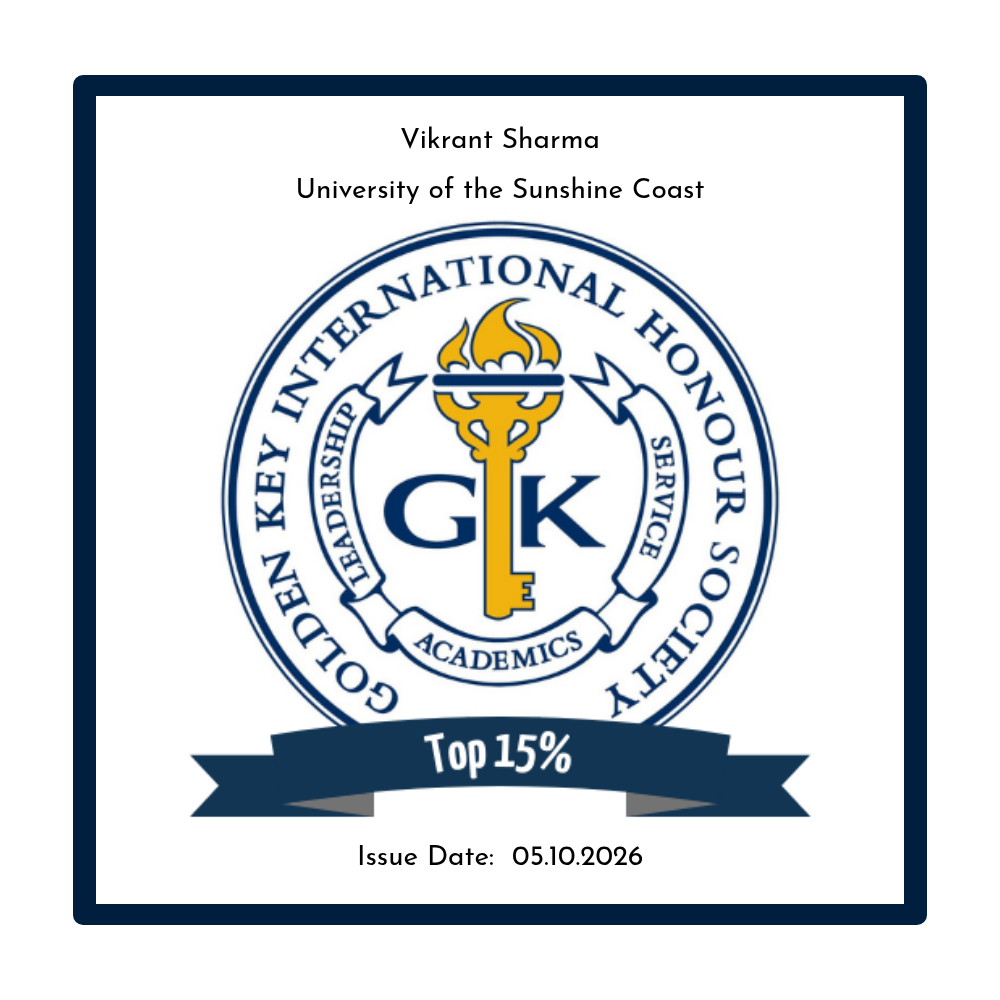 Golden Key International Honour Society Top 15% badge issued to Vikrant Sharma at the University of the Sunshine Coast